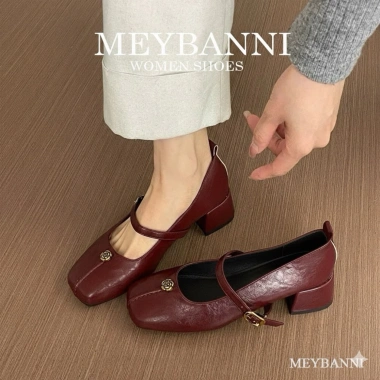 Giày Cao Gót MEYBANNI D573 Mũi Vuông Quai Ngang Đính Khuy Hoa Hồng Vàng Đế Cao 4P - Giá chỉ 259k