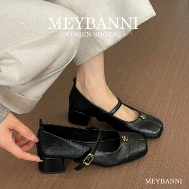Giày Cao Gót MEYBANNI D573 Mũi Vuông Quai Ngang Đính Khuy Hoa Hồng Vàng Đế Cao 4P - Giá chỉ 259k