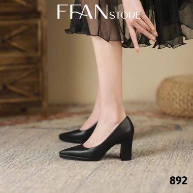 Giày cao gót mũi nhọn 8 phân FFANSTORE - Đế đúp gót vuông, da mềm size lớn, màu đen da lộn - 570k 7