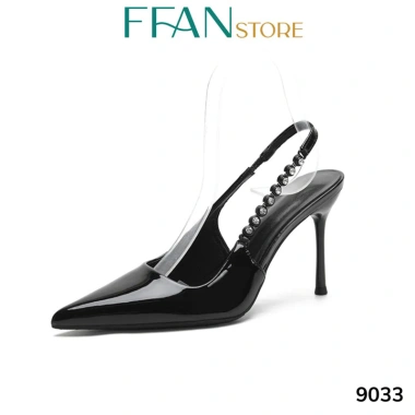 Giày cao gót mũi nhọn slingback da mềm mại 7‑9 cm, đính đá, bigsize màu đen-be, giảm giá 490k