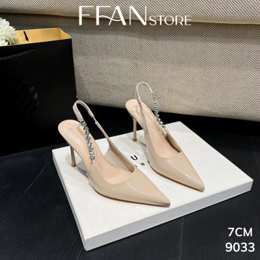 Giày cao gót mũi nhọn slingback da mềm mại 7‑9 cm, đính đá, bigsize màu đen-be, giảm giá 490k