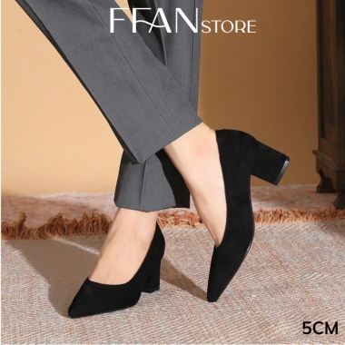 Giày cao gót nữ da lộn mềm mại, mũi nhọn, gót vuông 3-5-7 phân, màu đen, size lớn - giảm còn 480k