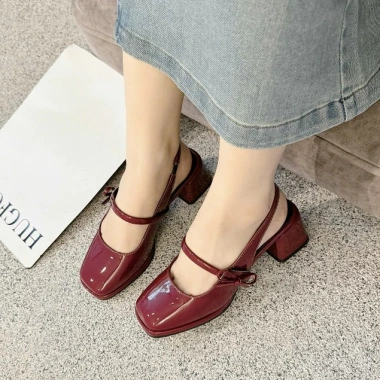 Giày cao gót nữ đỏ quai nơ công sở, slingback mũi vuông 5cm da bóng - Giá ưu đãi 225k 3