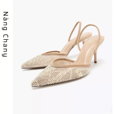 Giày cao gót nữ slingback mũi nhọn đính hạt sang trọng tiệc và công sở, giảm 305k