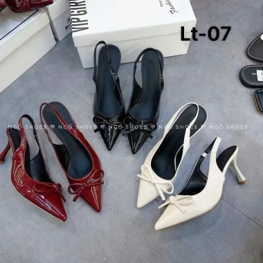 Giày cao nữ gót nhọn tôn nơ, quai hậu da bóng, 7 phân, hàng loại 1 công sở - 224k