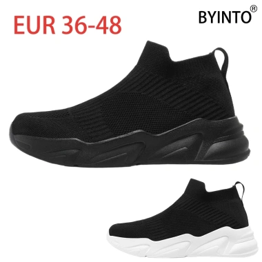 Giày chạy bộ size lớn 36-48 lưới dệt kim thoáng khí, chống trơn trượt, slip on đen trắng