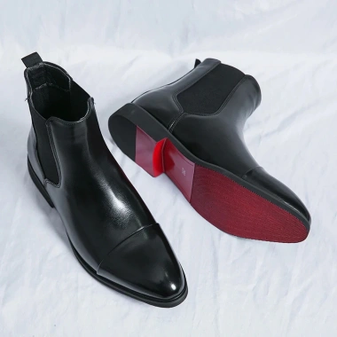 Giày Chelsea nam đế đỏ PU mắt cá chân slip‑on mũi tròn công sở, size 38‑46, miễn phí vận chuyển