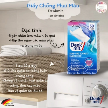 Giấy Chống Phai Màu Denkmit cho Máy Giặt - Giấy Hút Màu Quần Áo Đức, Giá 55.000 VND (Giảm từ 67.650 VND)