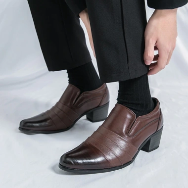Giày công sở cao gót da nam Slip On tăng 6cm, size 38-46, trang trọng cho ngày cưới