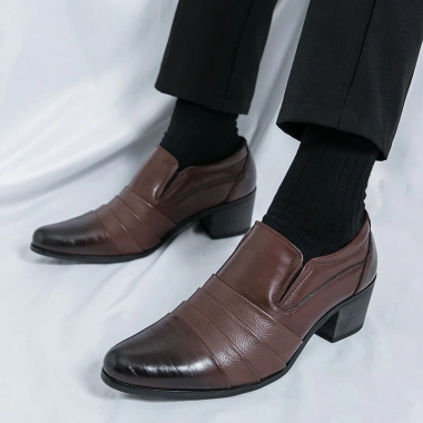 Giày công sở cao gót da nam Slip On tăng 6cm, size 38-46, trang trọng cho ngày cưới