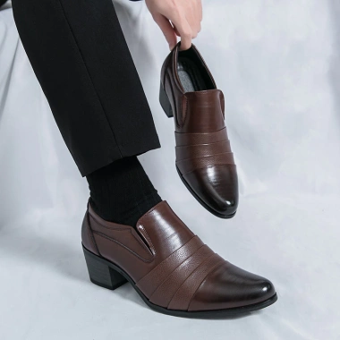 Giày công sở cao gót da nam Slip On tăng 6cm, size 38-46, trang trọng cho ngày cưới