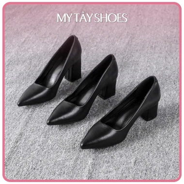 Giày công sở nữ gót vuông da thật màu đen, size 34-40, êm mềm - Giá 450.000đ