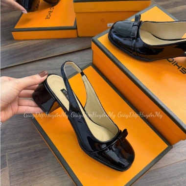 Giày Dép Huyền My Cao Gót Đế Vuông Phối Nơ Da Mềm Hàng Cao Cấp Full Hộp LT52
