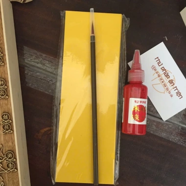 Giấy hoàng chỉ & mực chu sa giấy tuyên vàng 7x21cm 100 tờ – Vẽ thư pháp, phù, đóng ấn, triện, giảm giá đặc biệt