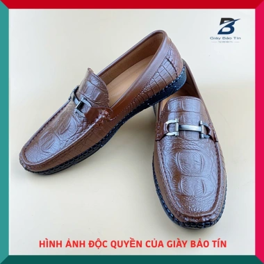 Giày lười nam công sở LBT 977 da bò dập vẩy cá sấu màu vàng, đế cao su mềm mại