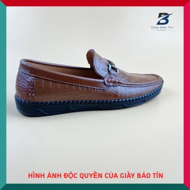 Giày lười nam công sở LBT 977 da bò dập vẩy cá sấu màu vàng, đế cao su mềm mại