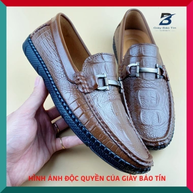 Giày lười nam công sở LBT 977 da bò dập vẩy cá sấu màu vàng, đế cao su mềm mại