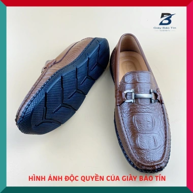 Giày lười nam công sở LBT 977 da bò dập vẩy cá sấu màu vàng, đế cao su mềm mại