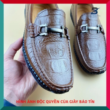 Giày lười nam công sở LBT 977 da bò dập vẩy cá sấu màu vàng, đế cao su mềm mại