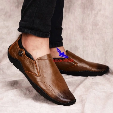 Giày lười nam da bò S-2 nâu, slip on công sở, đế bệt lái xe, giá rẻ 290.000đ