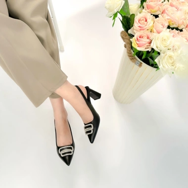 Giày Nữ Cao Gót Mũi Nhọn Phối Nơ, Guốc Slingback Gót Trụ Thanh Lịch NUDDO N7.100