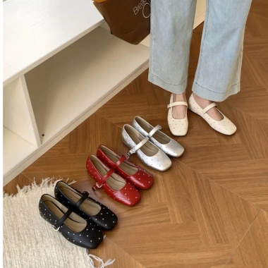 Giày nữ đế cao 3cm mũi vuông đính đá cá tính - Mary Jane búp bê tiểu thư 6.002, full box, giảm còn 269.000đ