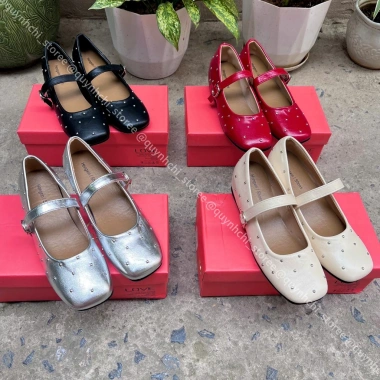 Giày nữ đế cao 3cm mũi vuông đính đá cá tính - Mary Jane búp bê tiểu thư 6.002, full box, giảm còn 269.000đ