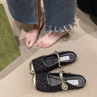 Giày Sục Mule Mary Jane Tweed Cao Cấp Kim Sa – Mũi Vuông Bọc Kim Loại, Quai Xoắn 279k 2