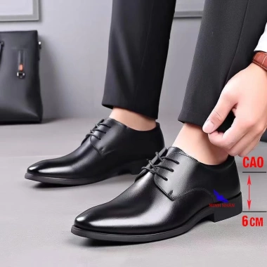 Giày tăng chiều cao nam 6cm da bò cao cấp G-5 đen - Buộc dây tây công sở, độn đế sang trọng, giá rẻ 320k