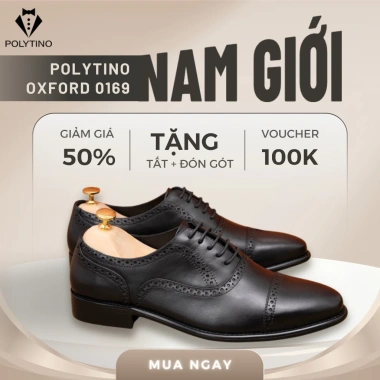 Giày Tây Nam Công Oxford 169 POLYTINO Da Bò Cao Cấp Đế Gỗ Tăng Chiều Cao BH12 - 1.4tr