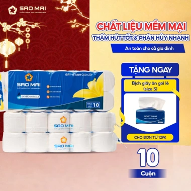 Giấy vệ sinh Sao Mai 10 lốc 10 cuộn 4 lớp mềm mại không kích ứng - Tiện lợi, giá chỉ 629.000₫