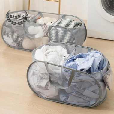 Giỏ đựng đồ giặt 2 ngăn lưới gập gọn - Giỏ giặt di động sắp xếp quần áo mới
