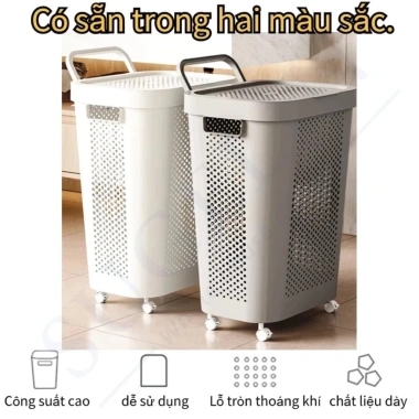 Giỏ đựng đồ giặt 45/60L nhựa dày dặn, nắp đậy, 4 bánh xe, BH 1 năm - 68.645₫