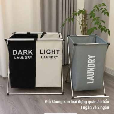 Giỏ đựng quần áo bẩn 2 ngăn phân màu đen trắng, khung kim loại 199.000₫