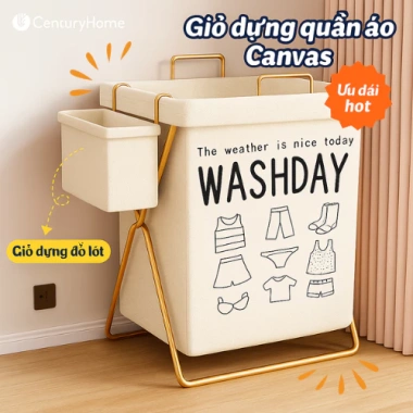 Giỏ Đựng Quần Áo Bẩn Đồ Giặt Gấp Gọn Họa Tiết Cute Tiện Lợi - Túi Canvas Khung Sắt CenturyHomee