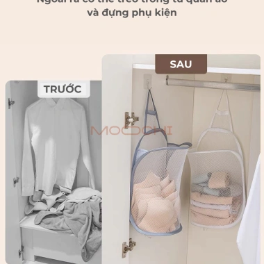 Giỏ đựng quần áo bẩn MOOCHI treo tường lưới thoáng khí, gấp gọn, chỉ 34.999đ