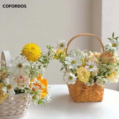 Giỏ hoa cô dâu COFORDOS tay cầm nơ dệt tay – Hộp dã ngoại Willow mây, quà tặng