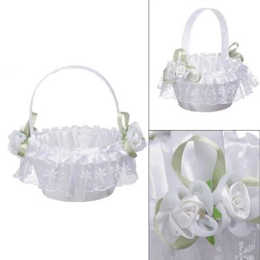 Giỏ Hoa Cưới Ren Ruy Băng Nơ - Hoa Hồng Tay Cầm, Hộp Đựng Kẹo, Hoa Bé Gái 108.020 VND