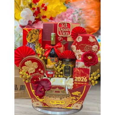 Giỏ Quà Tết Sắc Xuân GIAO HỎA TỐC Set bánh kẹo màu, may mắn, giảm giá 5