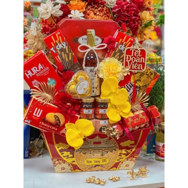 Giỏ Quà Tết Sắc Xuân GIAO HỎA TỐC Set bánh kẹo màu, may mắn, giảm giá 6