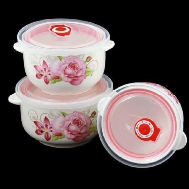 Góc Thanh Lý Bộ 3 bát sứ có tai nắp nhựa hút chân không dùng cho lò vi sóng, 79.500 VND