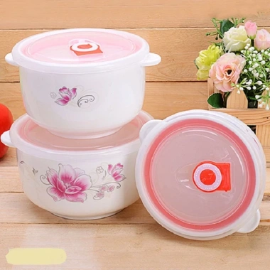 Góc Thanh Lý Bộ 3 bát sứ có tai nắp nhựa hút chân không dùng cho lò vi sóng, 79.500 VND