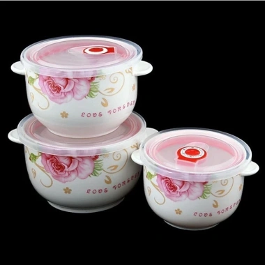 Góc Thanh Lý Bộ 3 bát sứ có tai nắp nhựa hút chân không dùng cho lò vi sóng, 79.500 VND