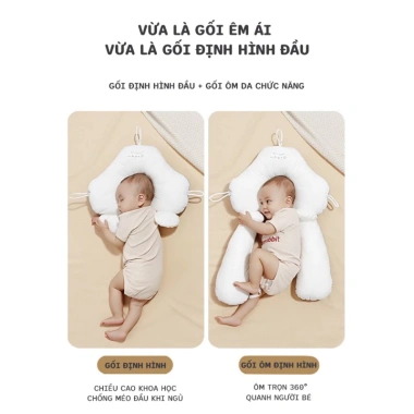Gối chữ U cho bé sơ sinh - Chống giật mình, chống méo đầu, dây rút 3 đầu điều chỉnh, ngủ ngon