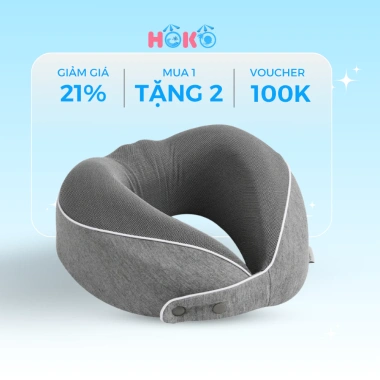 Gối chữ U kê cổ cúc bấm điều chỉnh, cao su non HOKO, mút hoạt tính, kèm hộp đựng du lịch tiện lợi