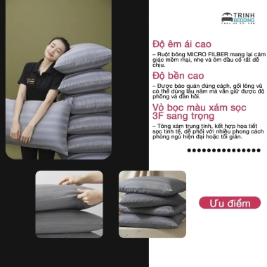 Gối Lông Vũ Cotton Xám Sọc 3F TRINH BEDDING - Tối giản, siêu mềm, chỉ 185k