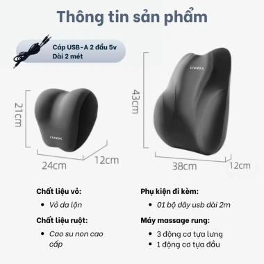 Gối tựa đầu, lưng ô tô Lianda 6 chế độ massage chườm nóng, giảm mệt mỏi - 309.000₫