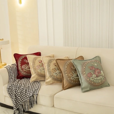 Gối vuông tựa sofa 48x48 cm vải gấm lụa thêu hoa sen, ruột bông gòn - 14.900₫