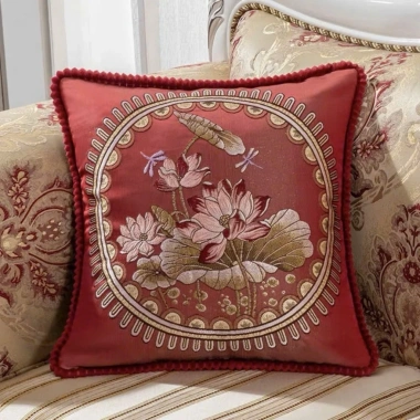 Gối vuông tựa sofa 48x48 cm vải gấm lụa thêu hoa sen, ruột bông gòn - 14.900₫