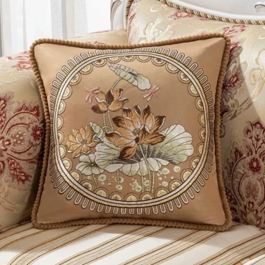 Gối vuông tựa sofa 48x48 cm vải gấm lụa thêu hoa sen, ruột bông gòn - 14.900₫
